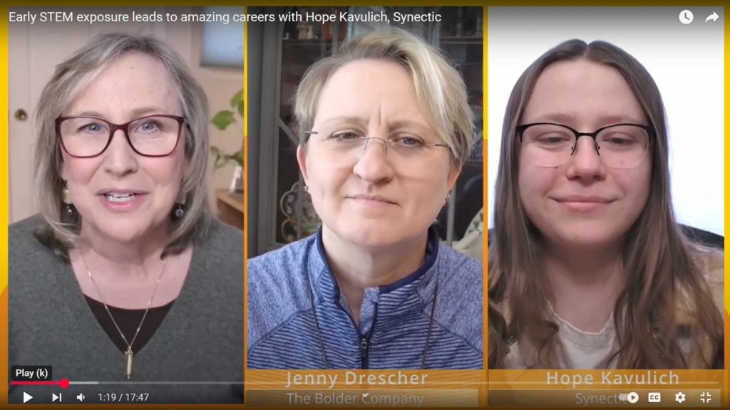 Screenshot of the Manufacturing Shakeup with Synectic Product Realization Engineer Hope Kavulich and the hosts.