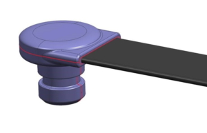 Rendering of an overmolded polypropylene end on a polyester strap. Overmolding and Insert Molding.
