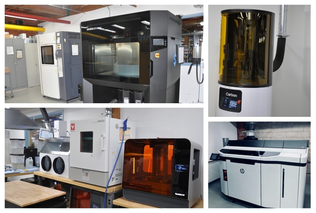 Photo collage of the various 3D Printing technologies available through Mack Prototype. 