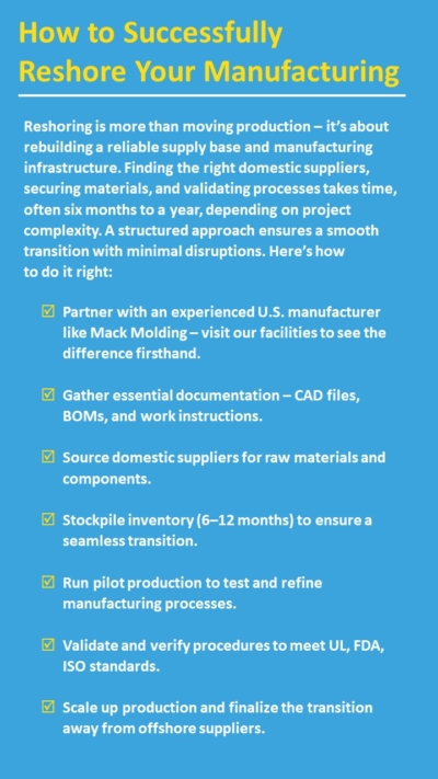 How to Successfully engage in Onshoring - Reshore Your Manufacturing. Reshoring is more than moving production—it’s about rebuilding a reliable supply base and manufacturing infrastructure. Finding the right domestic suppliers, securing materials, and validating processes takes time, often six months to a year, depending on project complexity. A structured approach ensures a smooth transition with minimal disruptions. Here’s how to do it right: • Partner with an experienced U.S. manufacturer like Mack Molding—visit our facilities to see the difference firsthand. • Gather essential documentation – CAD files, BOMs, and work instructions. • Source domestic suppliers for raw materials and components. • Stockpile inventory (6–12 months) to ensure a seamless transition. • Run pilot production to test and refine manufacturing processes. • Validate and verify procedures to meet UL, FDA, ISO standards. • Scale up production and finalize the transition away from offshore suppliers. 