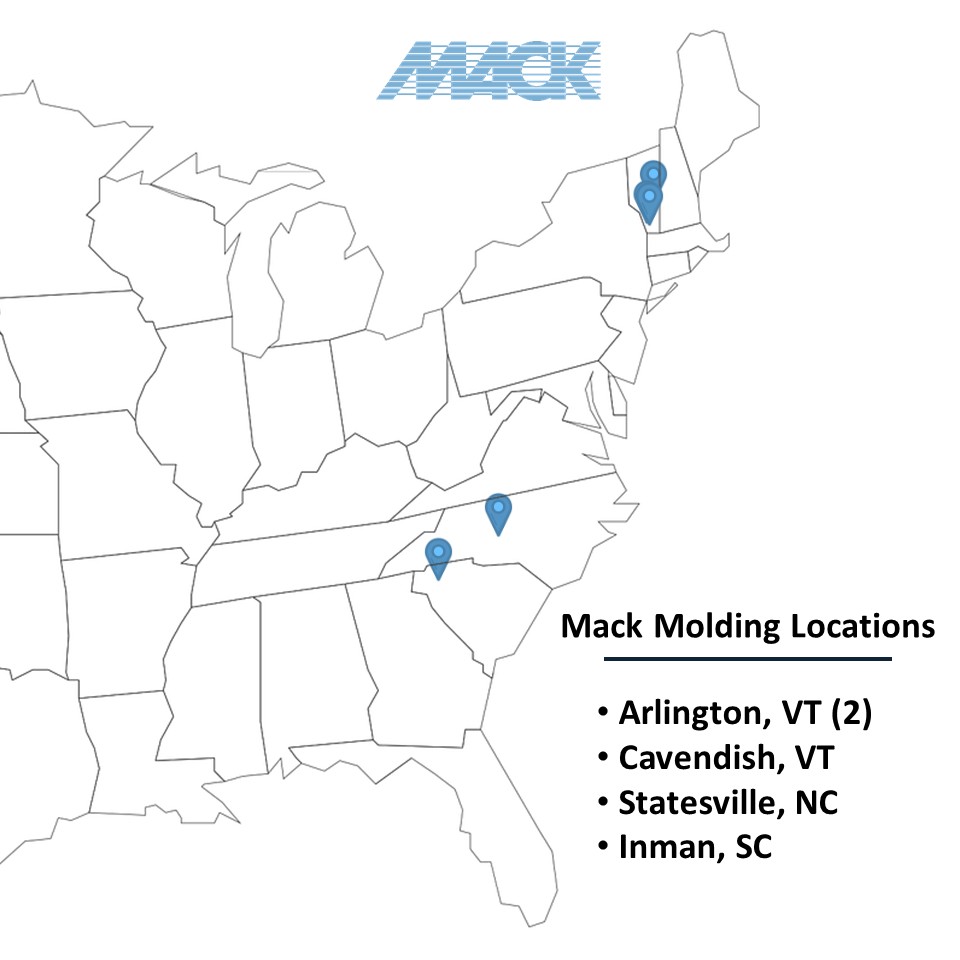 Find Mack Molding with this Map of Mack Molding's US locations in Vermont, North Carolina and South Carolina 